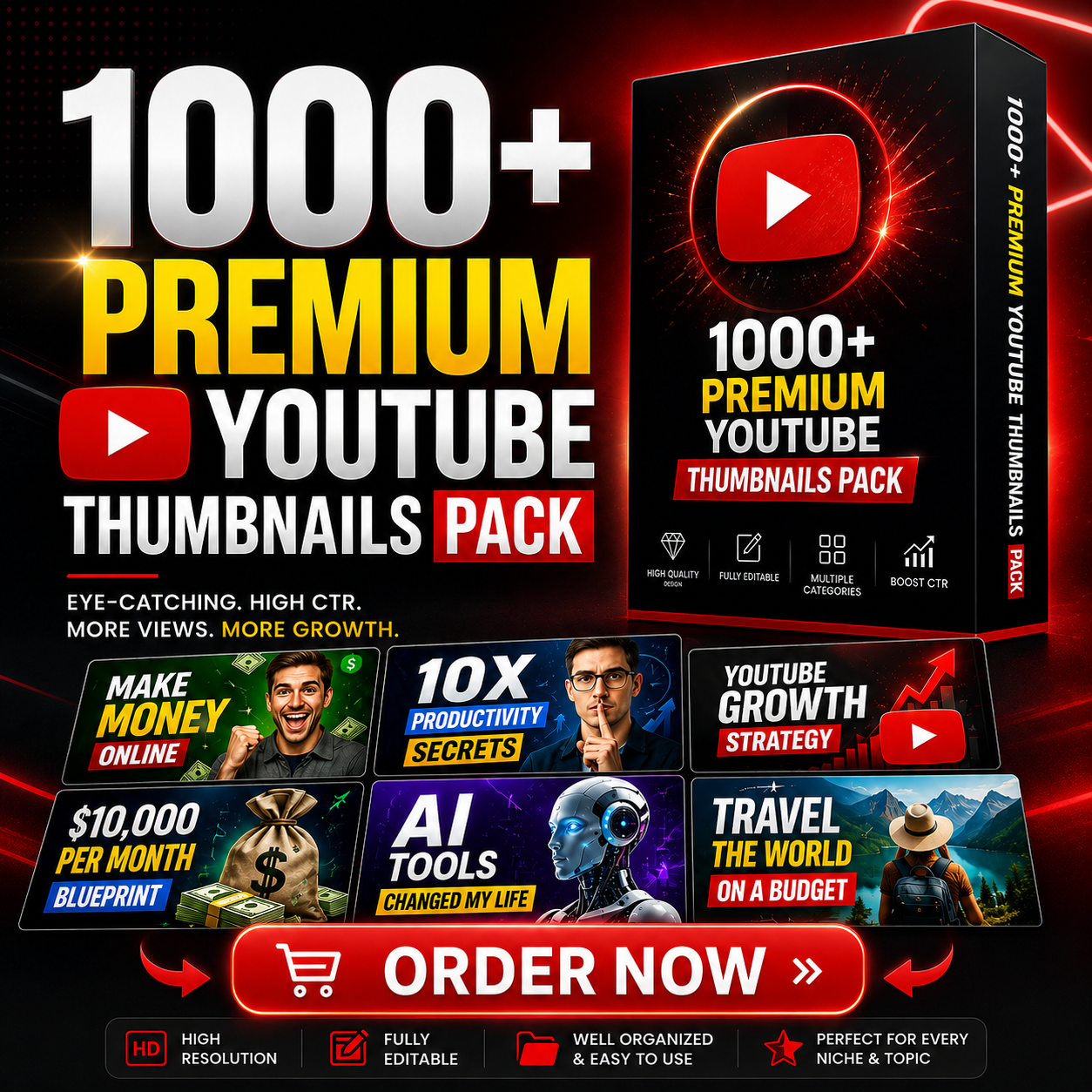 1000+ Premium YouTube Thumbnails Pack – Fully Editable PSD Templates