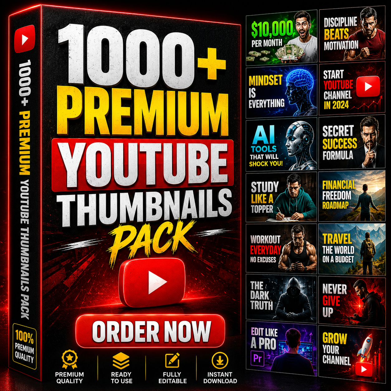 1000+ Premium YouTube Thumbnails Pack – Fully Editable PSD Templates